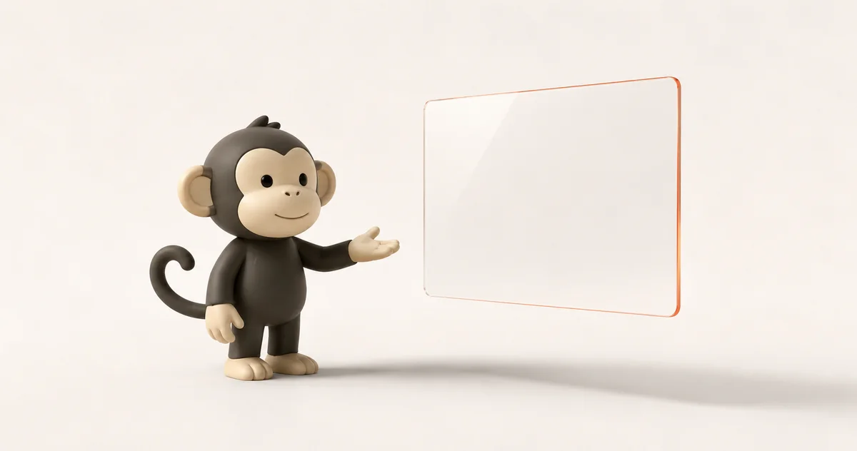 Illustration 3D — un singe présente une page web épurée.