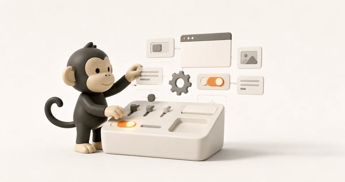 Illustration 3D — un singe pilote un tableau de bord d'outils web.