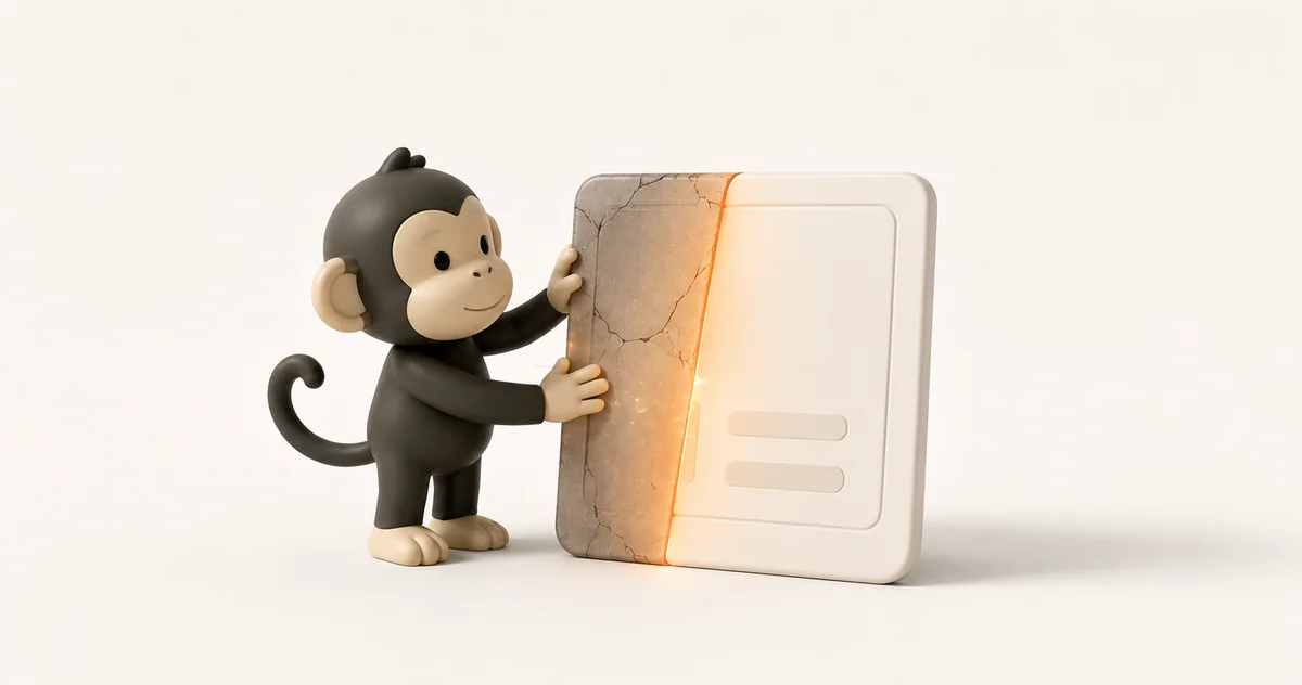 Illustration 3D — un singe ravive une interface ancienne, lézarde qui se répare.