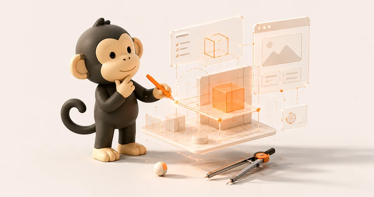 Illustration 3D — un singe esquisse un prototype filaire au compas.
